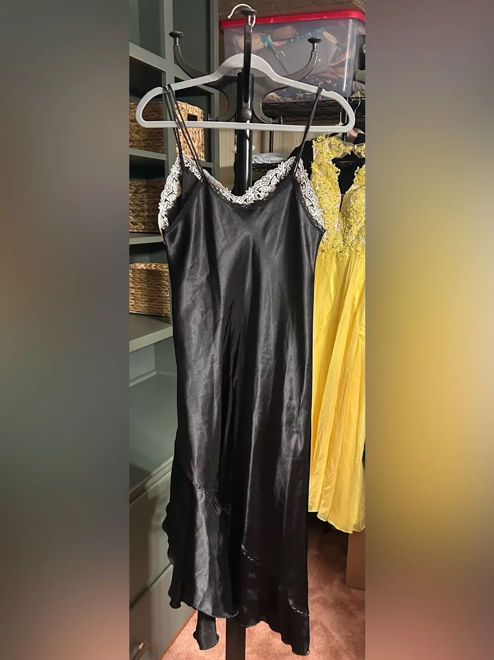 Verena Black Satin Lace Trim Slip Dress Asymmetrical Hem Nightgown L - Picture 5 of 10
